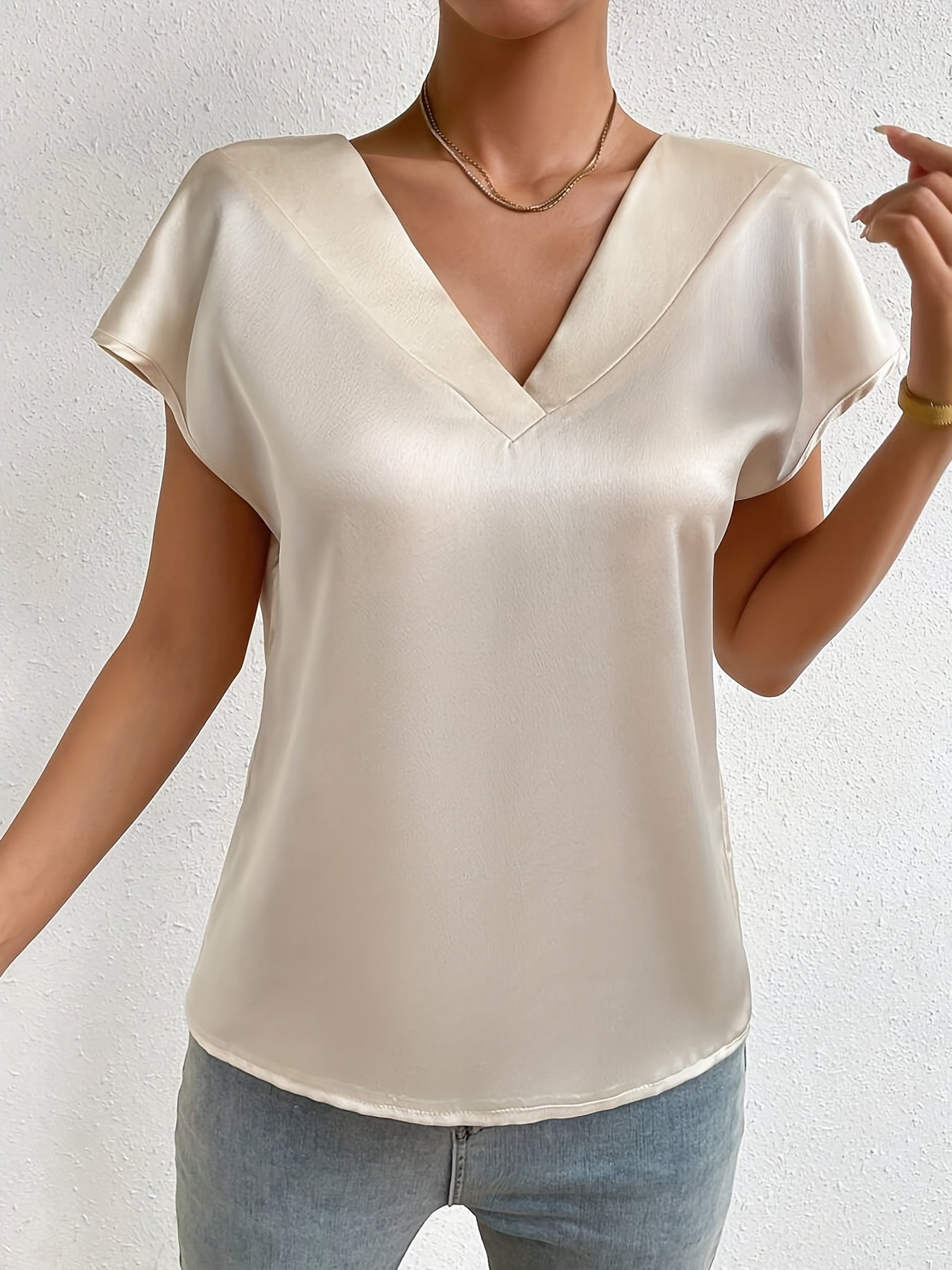 Solid Color V-neck Loose Blouse, Elegant Short Sleeve Blouse For Spring & Summer, Women's Clothing