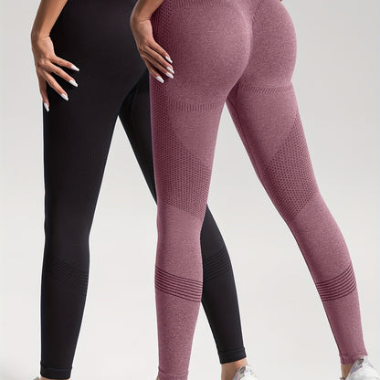 2pcs Solid Color High-Stretch Fitness Yoga Sports Leggings, Soft Breathable Yoga Tight Pants, Women's Activewear