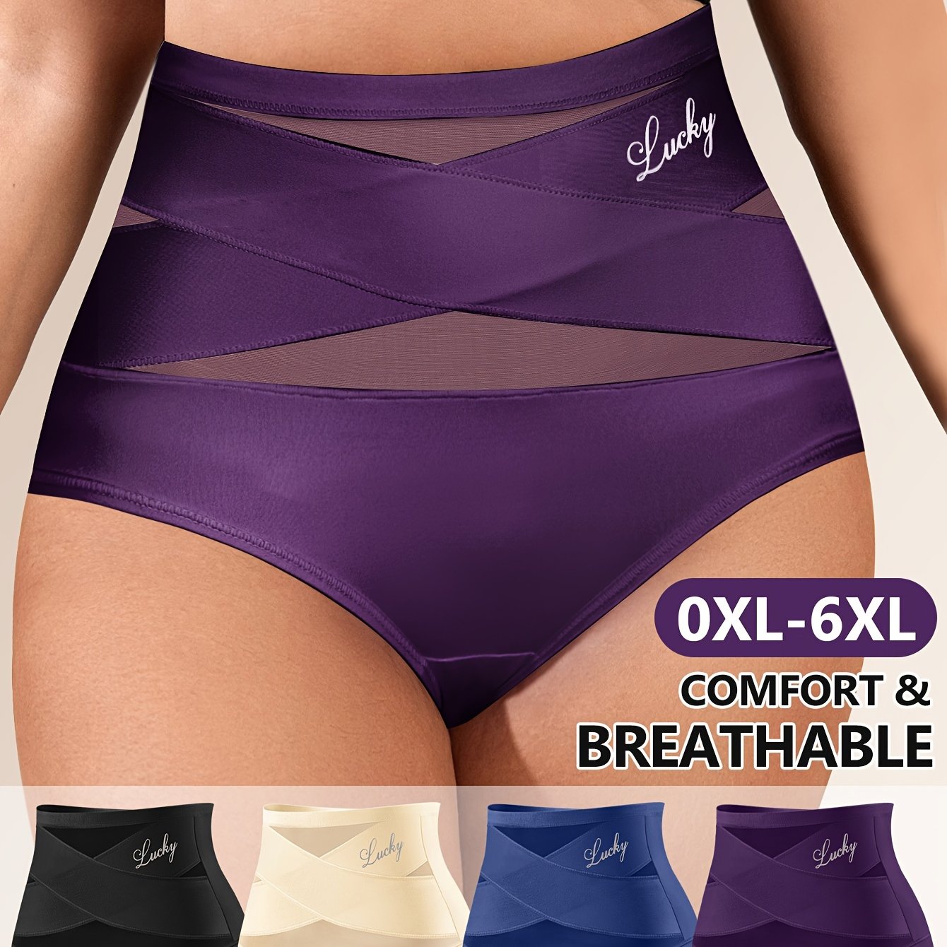 Conjunto de 4 cuecas modeladoras plus size de cintura subida com controlo abdominal, em malha respirável, sem costuras e com detalhe cruzado.