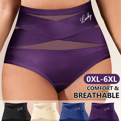 Conjunto de 4 cuecas modeladoras plus size de cintura subida com controlo abdominal, em malha respirável, sem costuras e com detalhe cruzado.