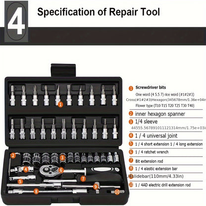 46pcs Motorcycle And Car Repair Toolkit: Ratchet Torque Wrench, Wrench, Screwdriver, Socket Set - Perfect For Motorcycle And Car Repairs!