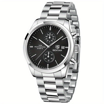 1pc New BENYAR Men's PU Leather Quartz Wristwatch, Men's 100M Multifunctional Watch Military Sports Chronograph Watch For Men