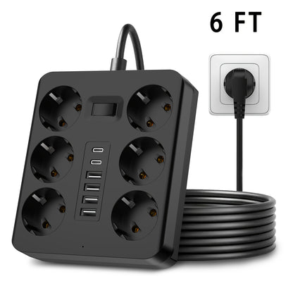 12-in-1 Power Strip with 6 Outlets and 6 USB Ports (2 USB-C) | 182.88cm Flat Plug Wall-Mounted Desktop Charging Station, Suitable for Home Office Dorm Essentials | Multi-Plug Expander